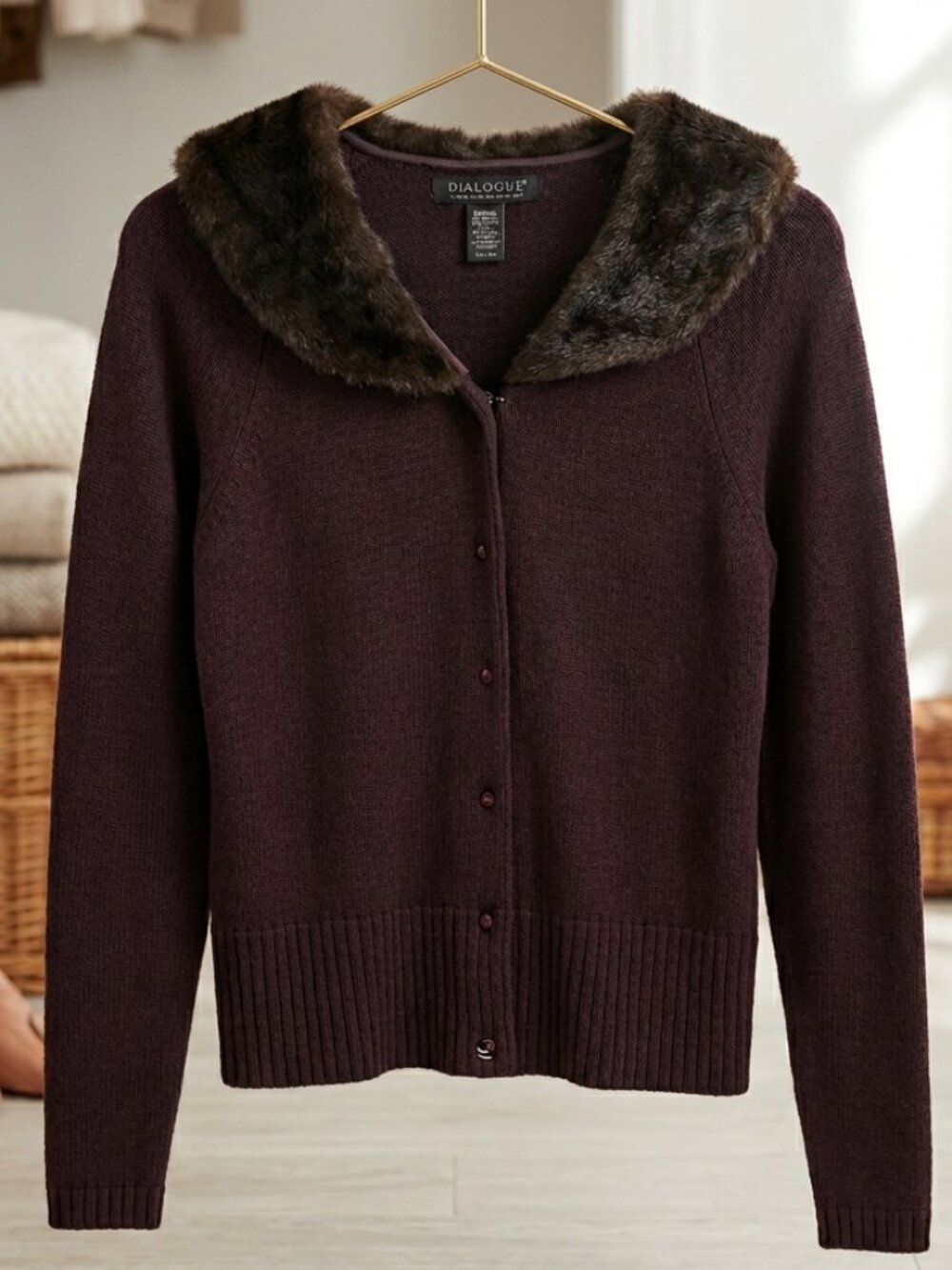 Dialogue Faux Fur Collar Merino Wool Blend Brown Cardigan Sweater